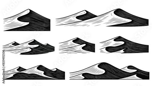 Stylized graphic of rolling dunes with black and white shading