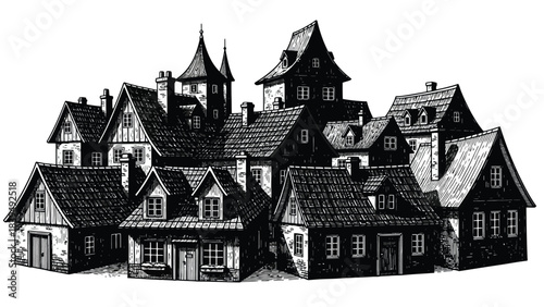 Detailed illustration of a gothic castle with many towers and peaked roofs