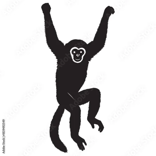 Obraz Lively monkey swinging freely with arms raised high in motion.