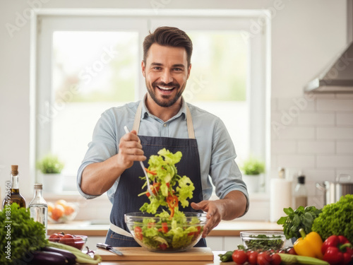 Happy man preparing a fresh salad in a bright, modern kitchen setting