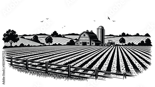 A detailed black and white illustration of a rural farm landscape with silo