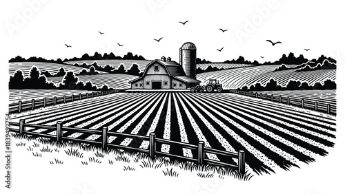 A vintage farm scene with barn fields tractor and birds in the sky