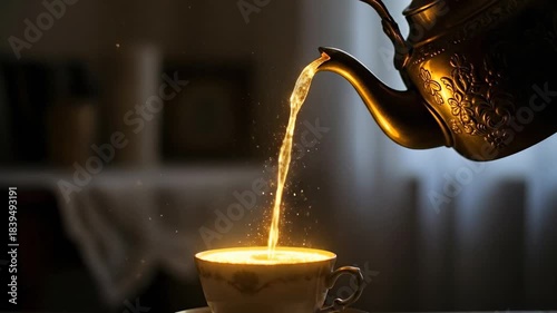 Golden liquid pouring from antique teapot into a cup creating a magical effect.