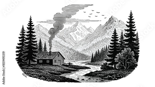 Rustic cabin nestled among mountains and a winding river grayscale illustration