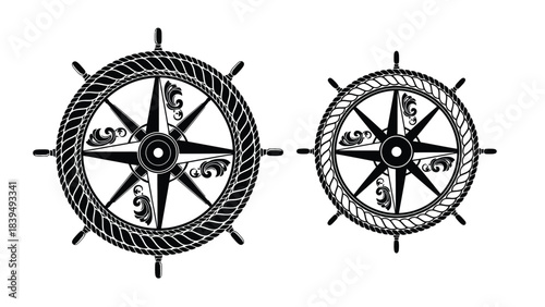 Two nautical ship wheels with compass rose designs black and white illustration