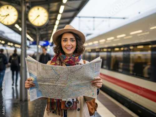 Woman at train station looking at a map with a surprised expression