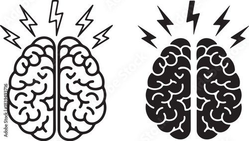 Black and white illustration of a human brain with lightning bolts mind thinking on transparent background