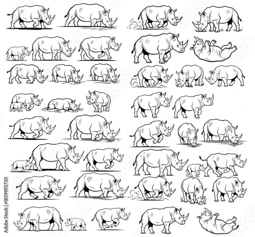 Rhino Illustrations: A comprehensive array of rhino illustrations showcasing different postures and interactions, capturing the essence of the robust animal