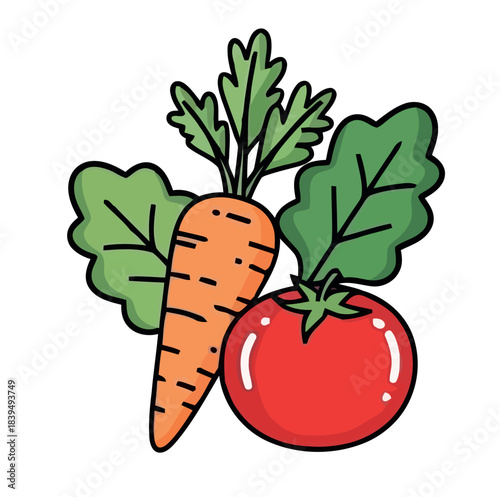 Cartoon illustration of a fresh carrot and a ripe tomato with green leaves vegetable food 