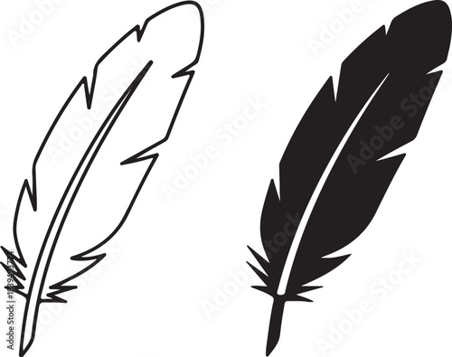 Feather Icon In Line Art And Solid Fill On White And Black Backgrounds quill writing on transparent background