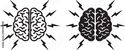 Line art and silhouette icons of a human brain with lightning bolts on white and black backgrounds mind on transparent background