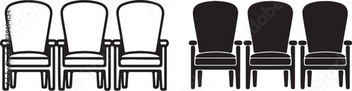Row of Empty Chairs in Outline and Silhouette on Split Background Keywords: chairs, seating, empty, row, furniture, interior, auditorium, theater, cinema, meeting room, on transparent background