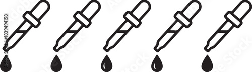 Row of five line art icons of droppers with falling liquid drops on white background pipette science on transparent background