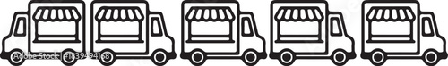 Row of five line art icons of food trucks with awnings on white background mobile food street food on transparent background