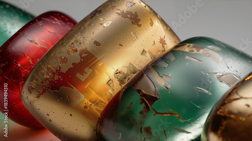 a flowing junction of three aged mercury glass textures: tarnished ruby, emerald green, and chipped antique gold, showing wear and imperfections