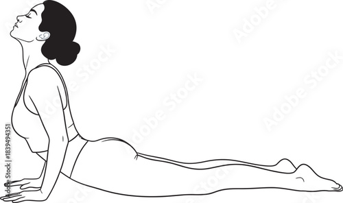 Minimalist line art illustration of a woman practicing the upward facing two dogs yoga pose