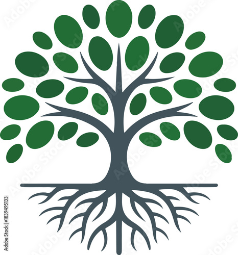Stylized green tree with dark gray trunk and roots oval leaves