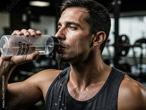Man drinking water after workout in the gym