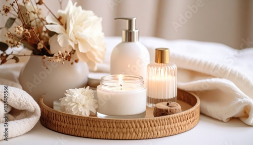 Basket holds towels candles flowers in serene display cozy arrangement features towels glowing candles fresh blooms