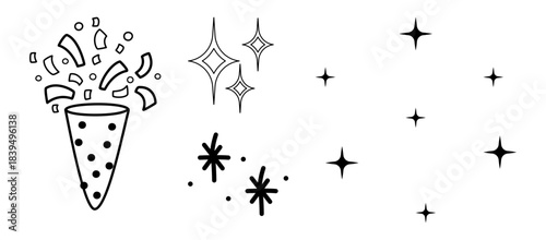 Celebration and sparkle doodle elements: hand-drawn confetti popper with stars and magical glitters isolated isolated on transparent background, Vector
