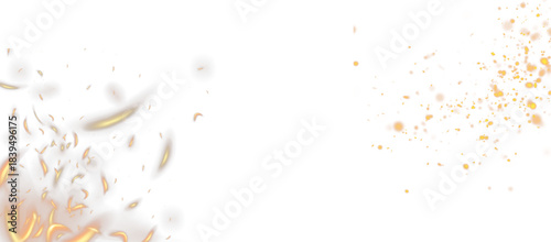 Glowing golden fire embers and sparkling dust particles float dynamically across a pure white background, abstract. isolated on transparent background, Vector