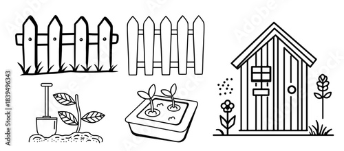 Garden and farming line art collection, illustrating various essential elements like fences, shed, and planting isolated on transparent background, Vector