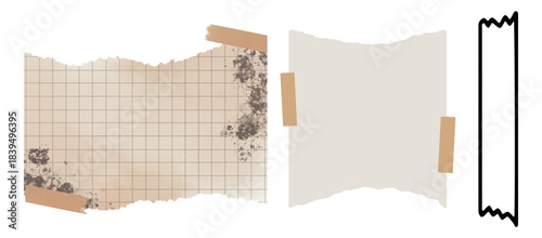 Torn beige grid paper, plain off-white paper, tape, distressed texture, scrapbook elements, decorative border isolated on transparent background, Vector
