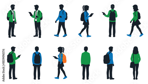 Diverse group of people silhouettes walking and using mobile phones