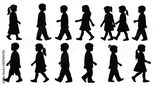 A collection of black silhouette figures showing children walking and playing