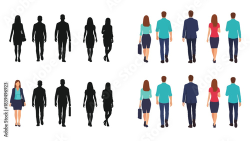 Diverse group of people walking silhouettes and colored figures shown