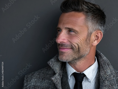 Wallpaper Mural Handsome Middle Aged Businessman with Gray Hair Looking Sideways with a Slight Smile Wearing Coat and Tie Against Gray Background Senior Executive Portrait Torontodigital.ca
