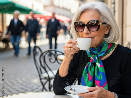 Stylish senior woman enjoying coffee at an outdoor cafe in the city