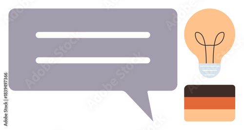 Speech bubble and lit bulb as metaphors for communication and idea generation. Ideal for brainstorming, innovation, problem-solving, knowledge sharing, creativity, teamwork, education. Simple flat