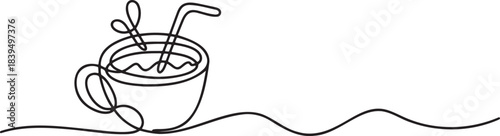 Abstract continuous line drawing of beverage cup with straws and garnishes representing coffee break relaxation or summer cocktail drink