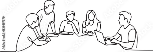Business team meeting discussing strategy collaborating on project continuous line drawing vector illustration isolated