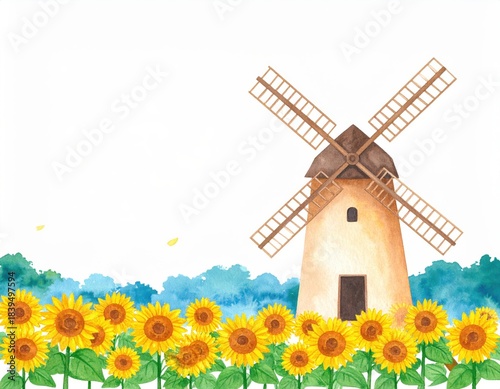 Windmill stands amidst vibrant sunflower field under sky scenic view captures windmill s presence in sunny field