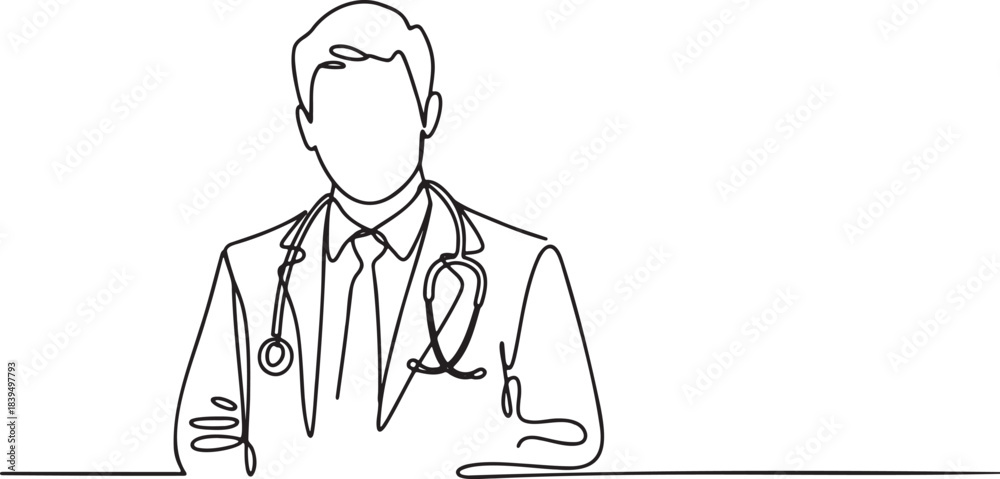 Obraz premium Continuous line drawing of male doctor wearing lab coat and stethoscope medical professional portrait vector illustration on transparent background
