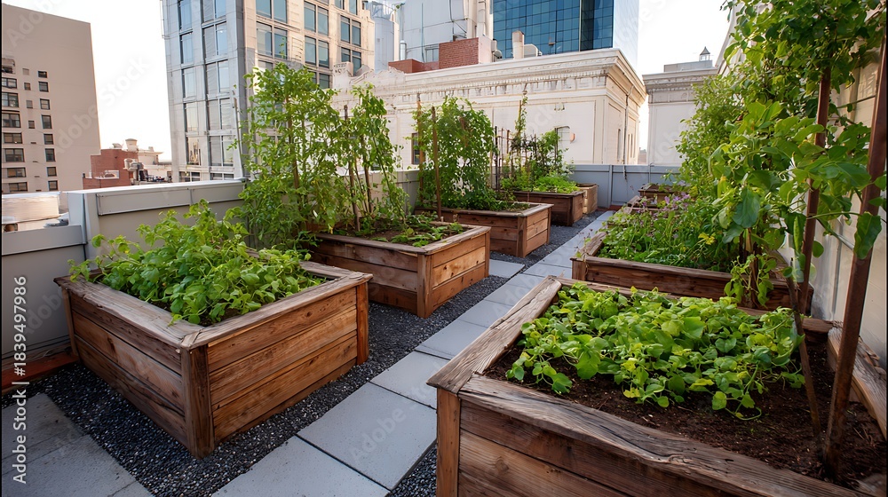 Fototapeta premium Awesome photo of rooftop urban garden with wooden raised beds filled with lush green plants and city buildings in the background.
