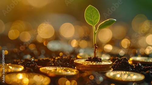 Green shoots of prosperity: A seedling, a symbol of growth and potential, sprouts from a bed of golden coins, radiating an aura of optimism and prosperity.