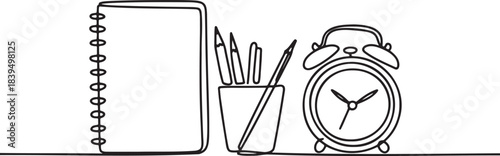 One line drawing continuous of spiral notebook pencil holder and alarm clock still life vector