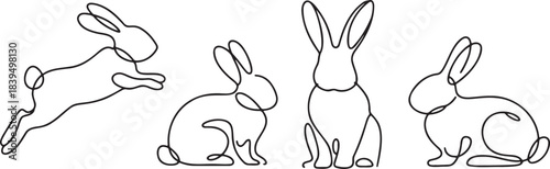One continuous line art drawing of four different bunny rabbits in various poses on transparent background