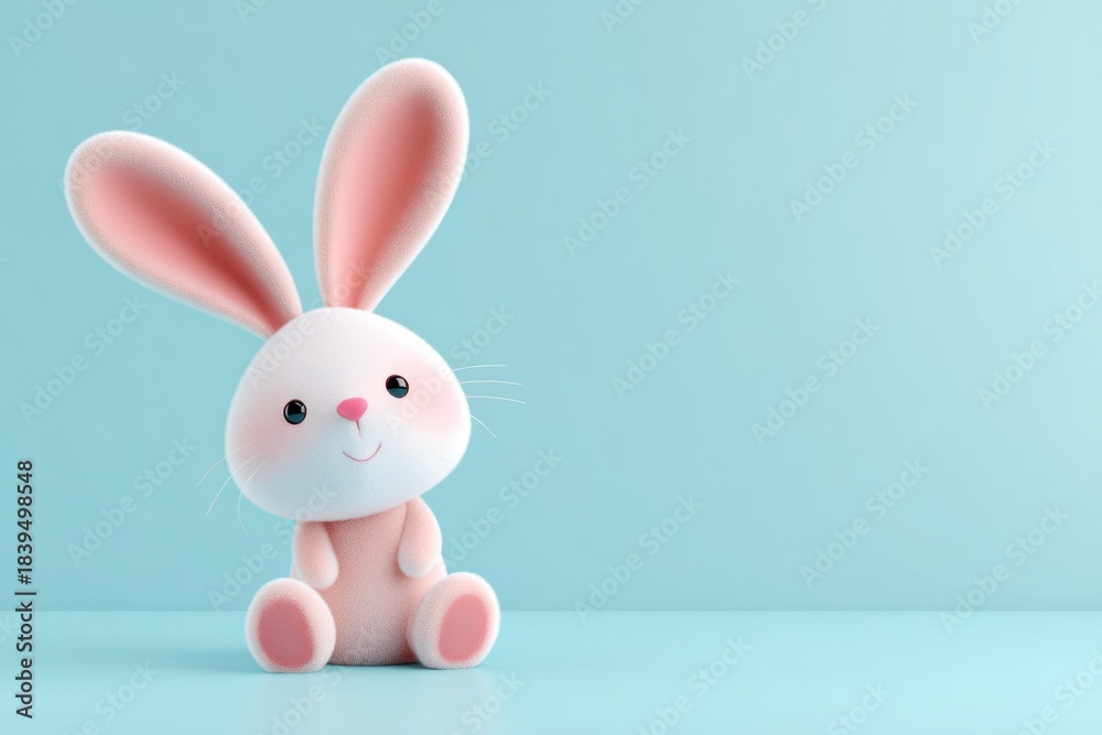 Obraz premium Stylized bunny with long ears sits on a pastel blue surface, showcasing a minimalist design, perfect for playful themes and seasonal decorations with copy space