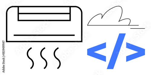 Web development, climate control, technology, coding, digital integration, air conditioning. Air conditioner, HTML tag and cloud symbol tech merging. Web development and climate control concept