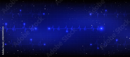 Digital Electrocardiogram Background: Dark Blue Futuristic Technology Backdrop with Glowing Heartbeat Pulse Lines, Conveying Vitality and Innovation.