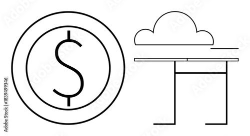 Financial technology, cloud computing, digital savings, data storage, fintech solutions, economic systems. A dollar sign in a circle next to cloud and table shapes. Financial technology and cloud