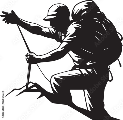 Black silhouette of a climber with backpack and trekking pole on rocky terrain climbing