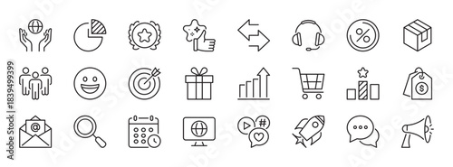 Marketing line icons set. Social media, global, search, growth, e-commerce, website, start up, feedback, communication, advertising, development, business, etc. Editable stroke. Vector illustration.