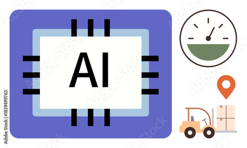 AI chip representing technology linked to efficiency, a forklift moving goods, location marker, speed gauge. Ideal for automation, logistics, AI-driven supply chain, smart systems, tech optimization