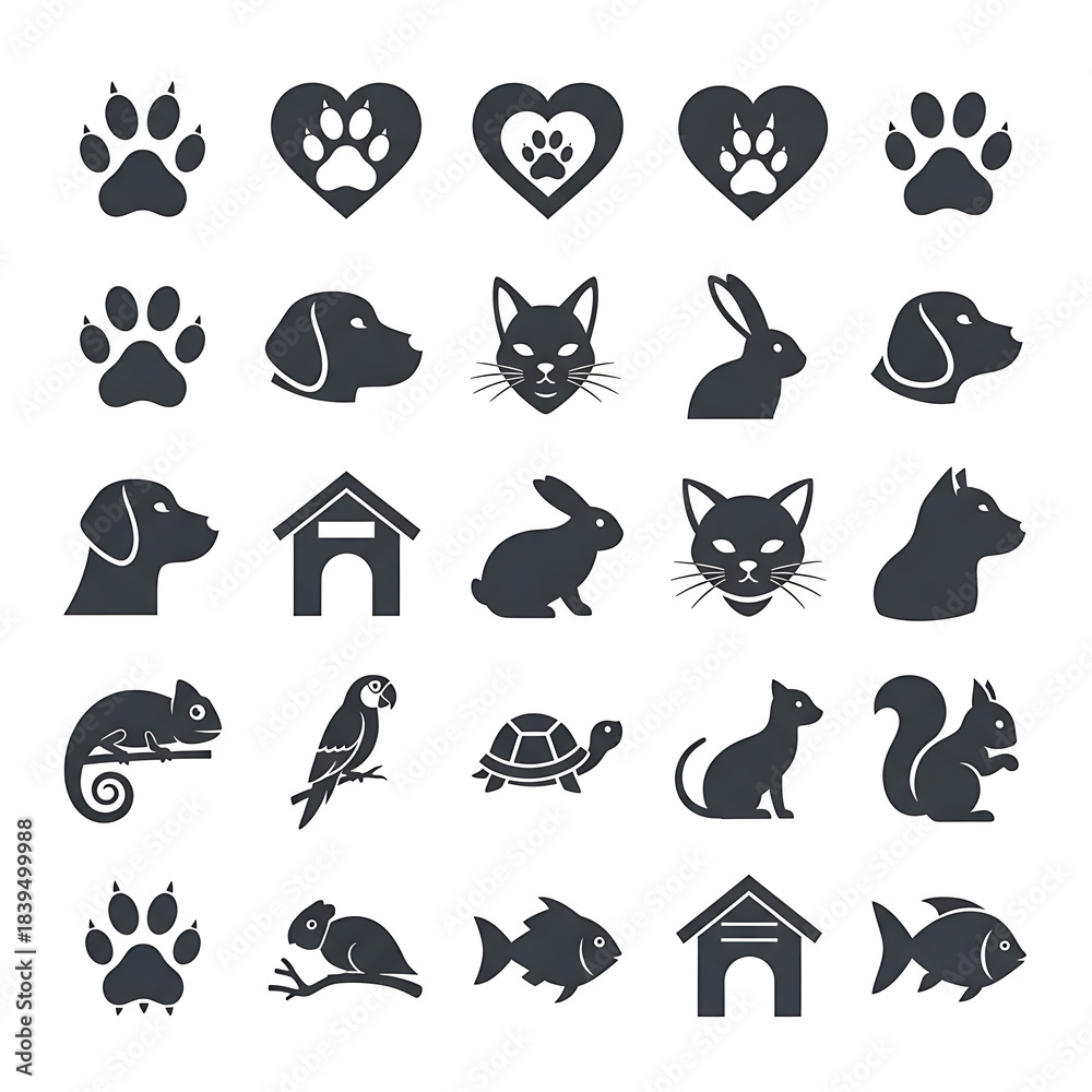 Fototapeta premium Collection of dark gray silhouette icons representing various domestic and exotic pets and animal care symbols