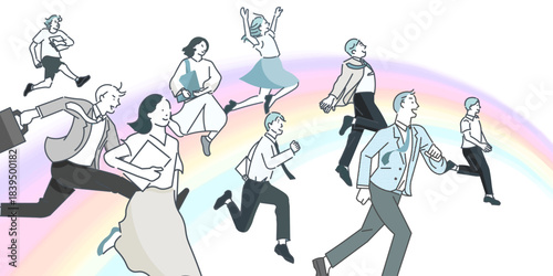 スタートアップのイメージイラストービジネスパーソンー明るい未来を夢見る男女ー虹の背景イラスト素材